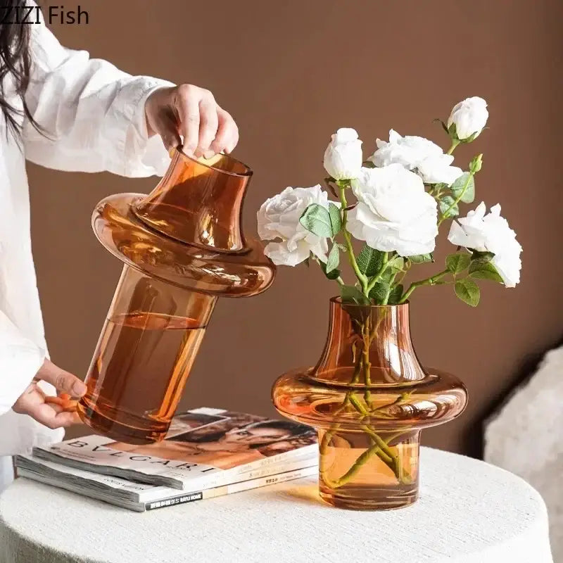 Sculptural tiered amber glass vase living room decor