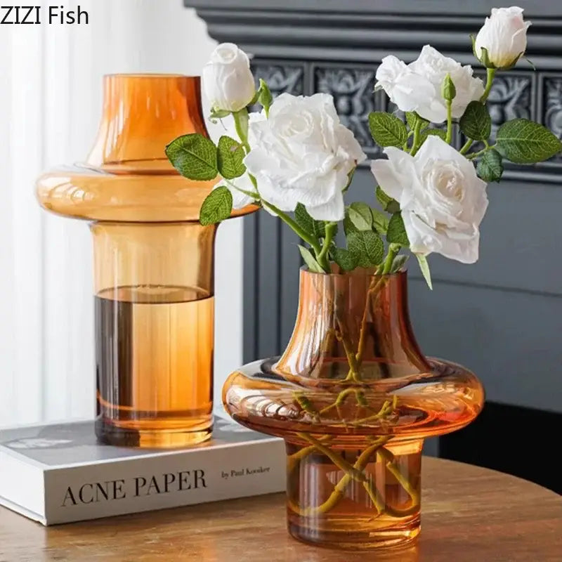 Sculptural tiered amber glass vase living room decor
