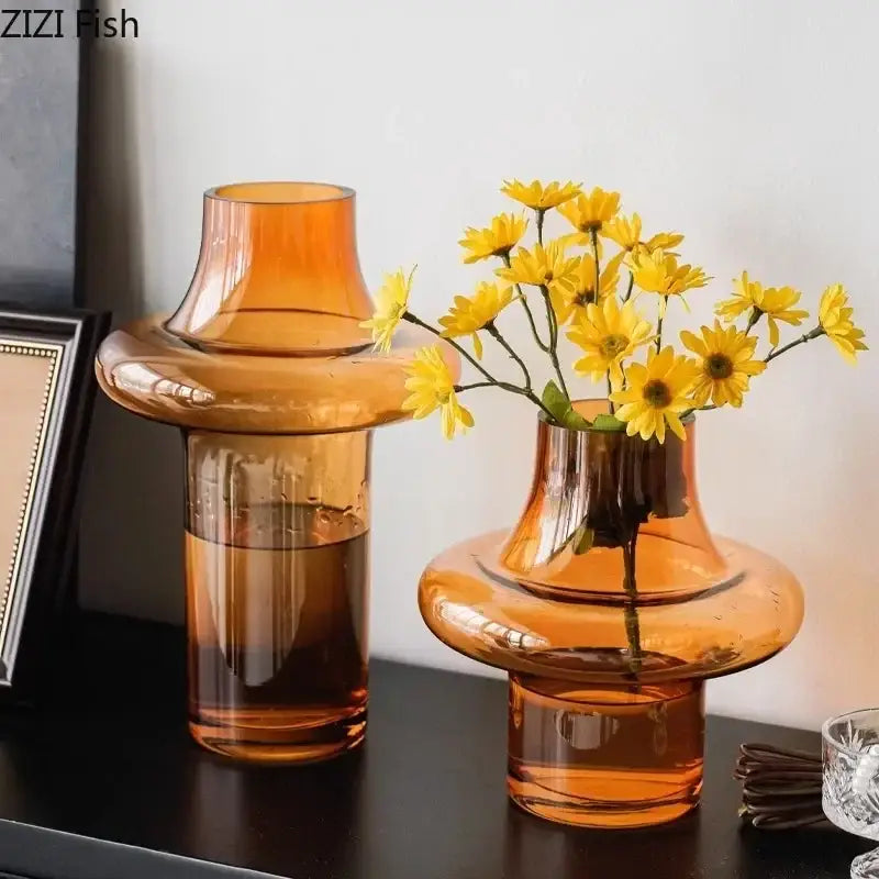 Sculptural tiered amber glass vase living room decor