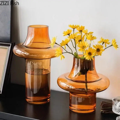 Sculptural tiered amber glass vase living room decor