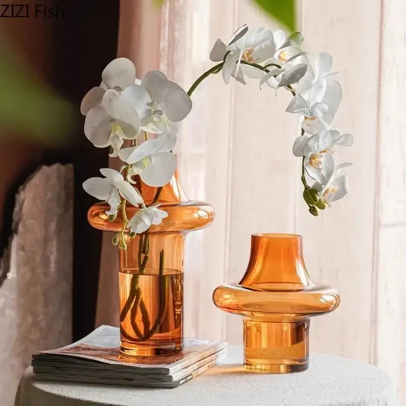 Sculptural tiered amber glass vase living room decor
