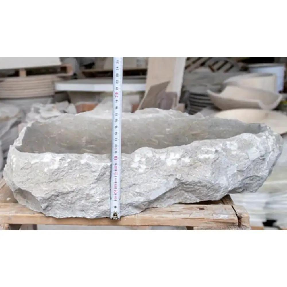 Handcrafted Grey Travertine Stone Vessel Bathroom Sink With Natural Shape