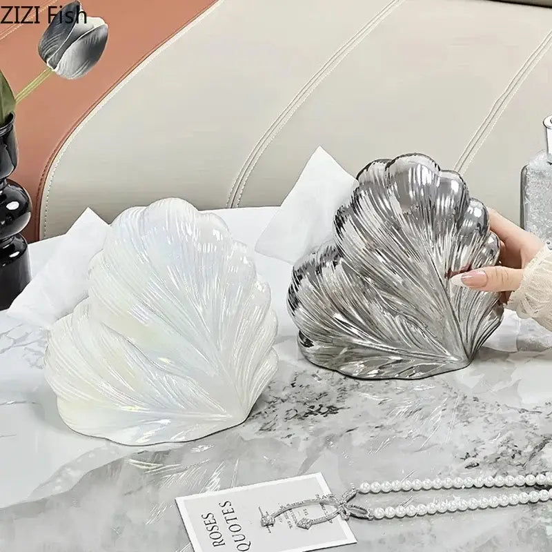 Seashell white & silver heart feather ceramic tissue box bedroom decor
