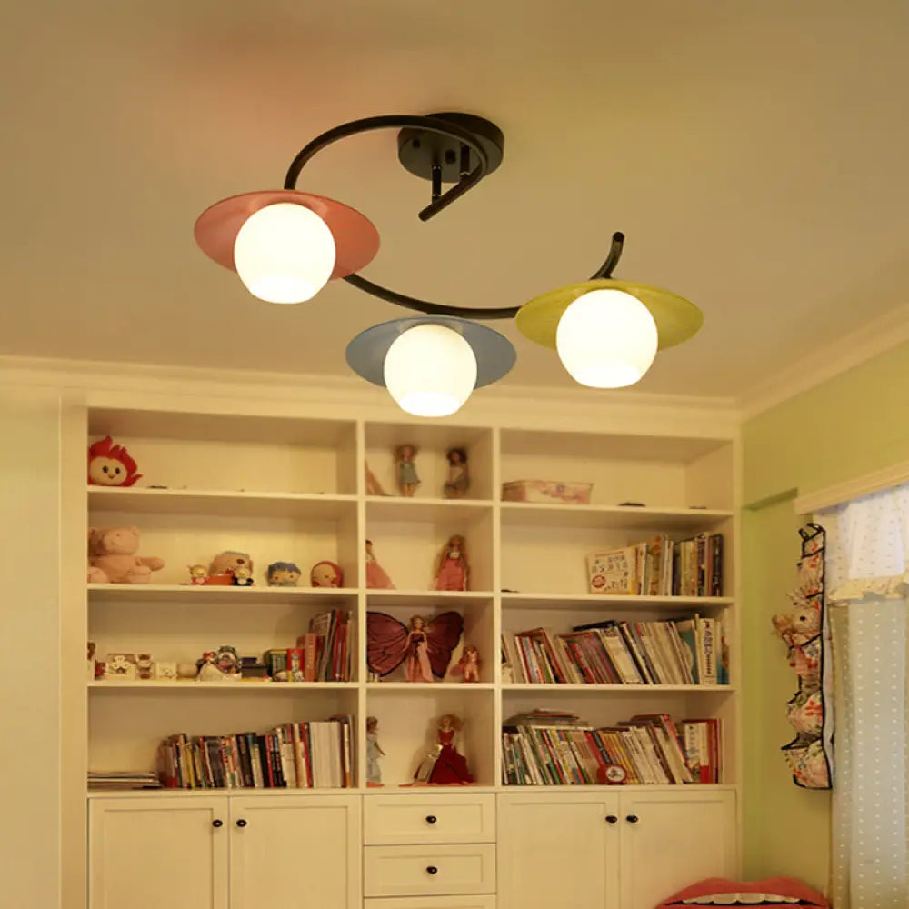 DecorBites™ Semi Flush Mount Lamp with Modernist Red-Yellow-Blue Glass and Global Shade - Black Spiral Design, 3 Heads