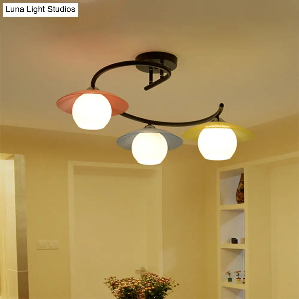 DecorBites™ Semi Flush Mount Lamp with Modernist Red-Yellow-Blue Glass and Global Shade - Black Spiral Design, 3 Heads