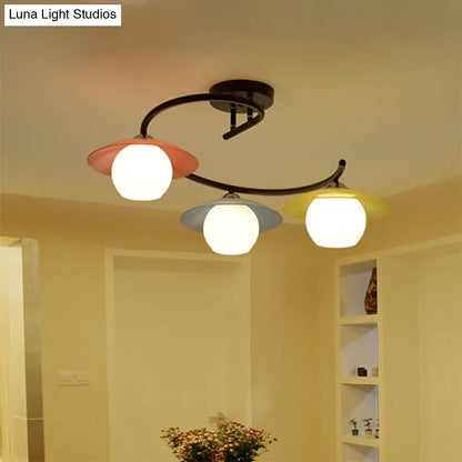DecorBites™ Semi Flush Mount Lamp with Modernist Red-Yellow-Blue Glass and Global Shade - Black Spiral Design, 3 Heads
