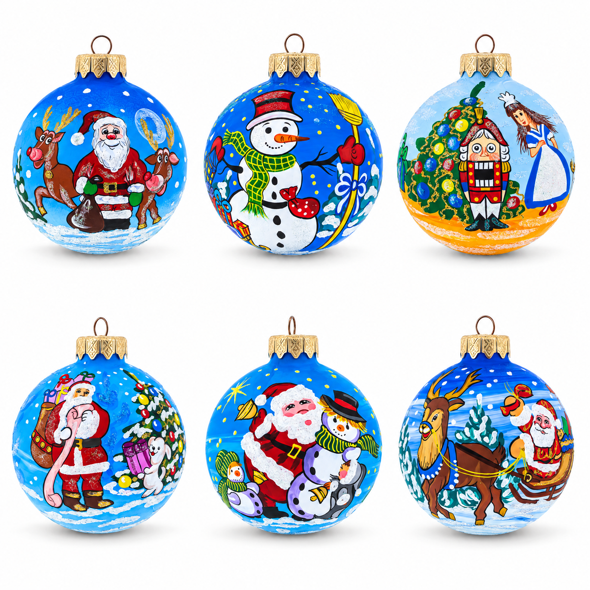 Set of 6 Santa, Snowman, Reindeer, Nutcracker Glass Christmas Ornaments