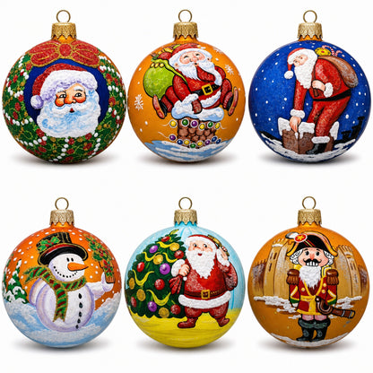 Set of 6 Santa with Gifts, Snowman, Nutcracker Glass Christmas Ornaments