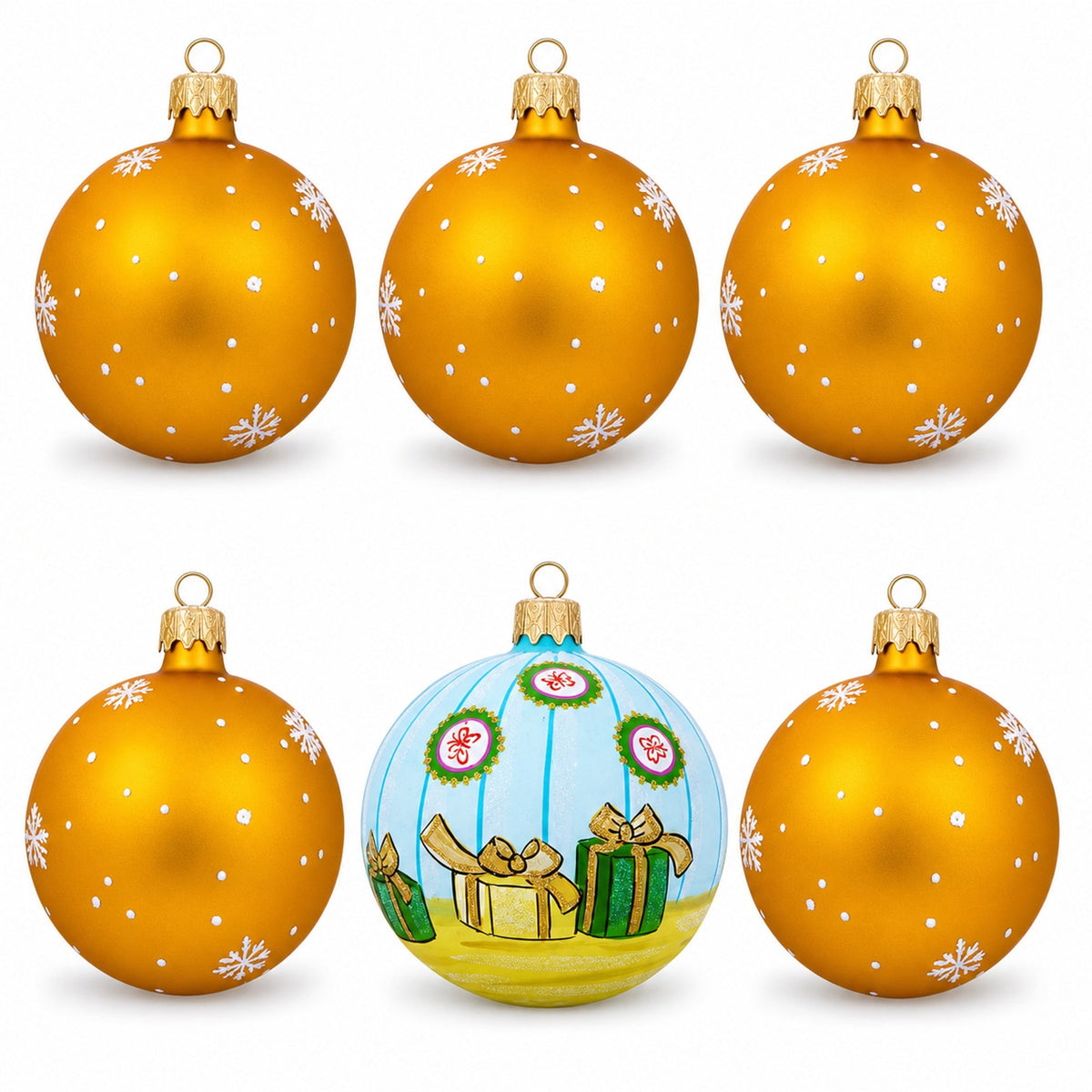 Set of 6 Santa with Gifts, Snowman, Nutcracker Glass Christmas Ornaments