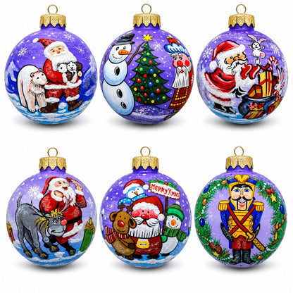 Set of 6 Santa Claus and Friends Glass Christmas Ornaments