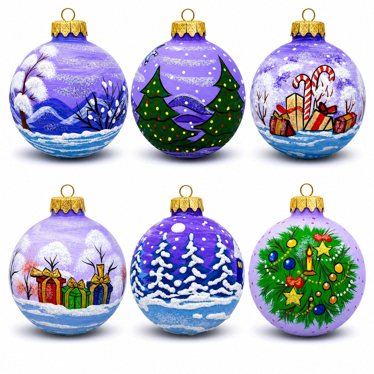 Set of 6 Santa Claus and Friends Glass Christmas Ornaments