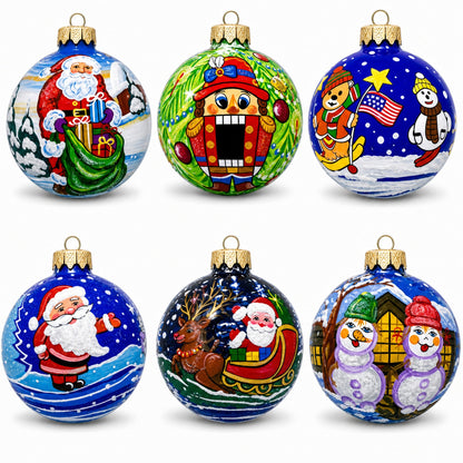 Set of 6 Snowman, Bear, Santa, Nutcracker Glass Ball Christmas Ornaments
