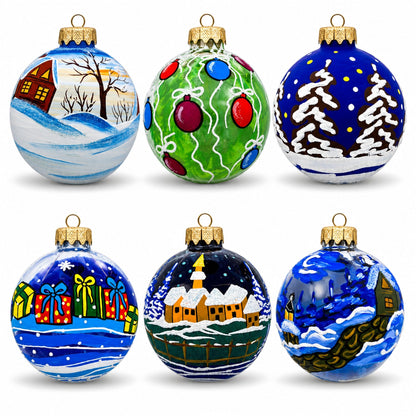 Set of 6 Snowman, Bear, Santa, Nutcracker Glass Ball Christmas Ornaments