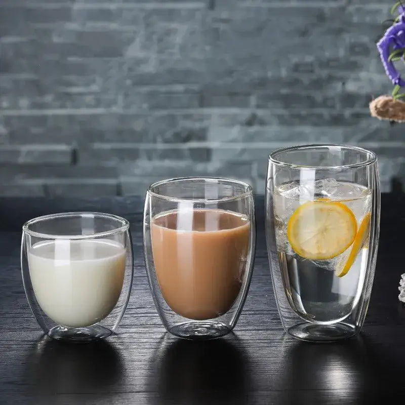 Set of 3 clear double wall glass cup tumblers for kitchen and dining
