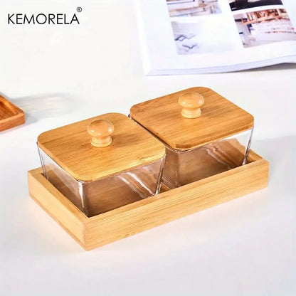 Set of 3 glass kitchen snack jars with bamboo wood lid and tray
