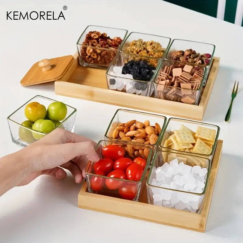 Set of 3 glass kitchen snack jars with bamboo wood lid and tray
