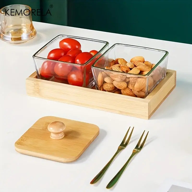 Set of 3 glass kitchen snack jars with bamboo wood lid and tray