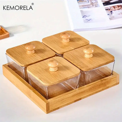 Set of 3 glass kitchen snack jars with bamboo wood lid and tray
