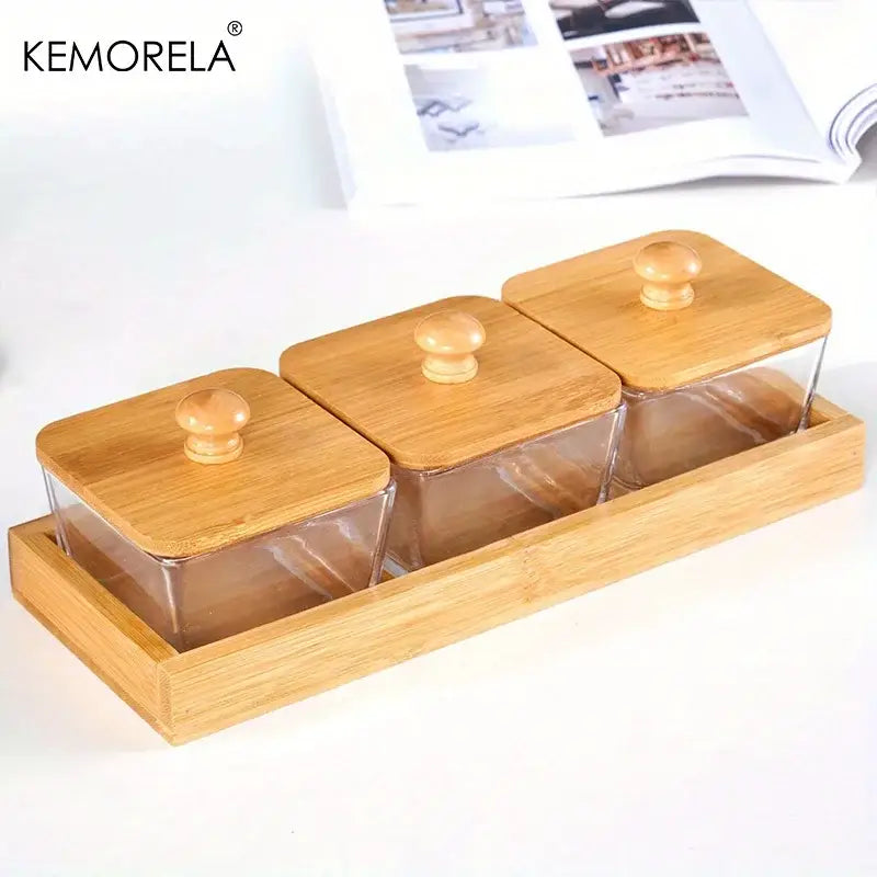 Set of 3 glass kitchen snack jars with bamboo wood lid and tray