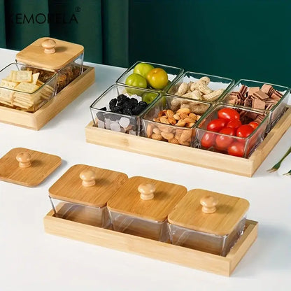 Set of 3 glass kitchen snack jars with bamboo wood lid and tray