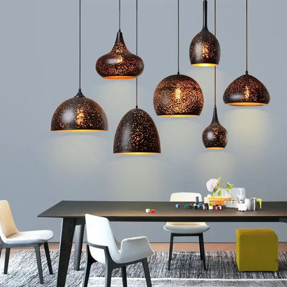 Set of 4 black & gold etched iron pendant light fixture dining room