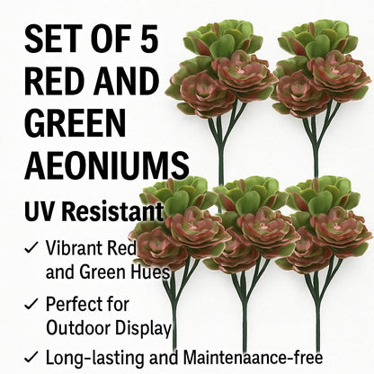 Red and Green Aeoniums Succulent Artificial Topiary Set of 5 11.8in – UV Resistant