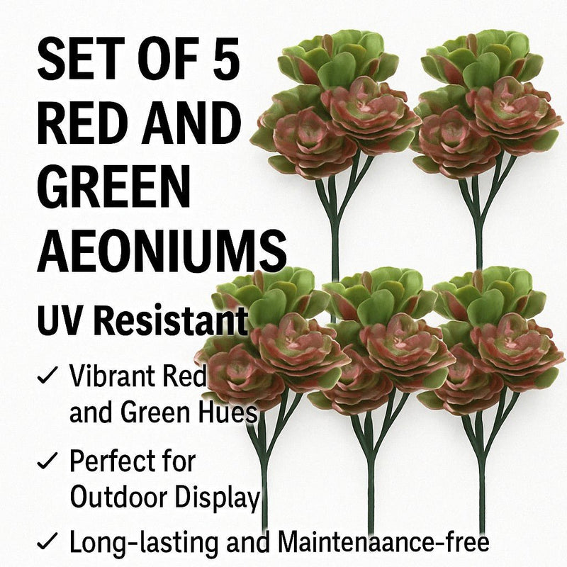 Red and Green Aeoniums Succulent Artificial Topiary Set of 5 11.8in – UV Resistant