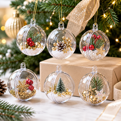 Set of 6 Mini Clear Plastic Ball Ornaments 1.92 Inches (49 mm)