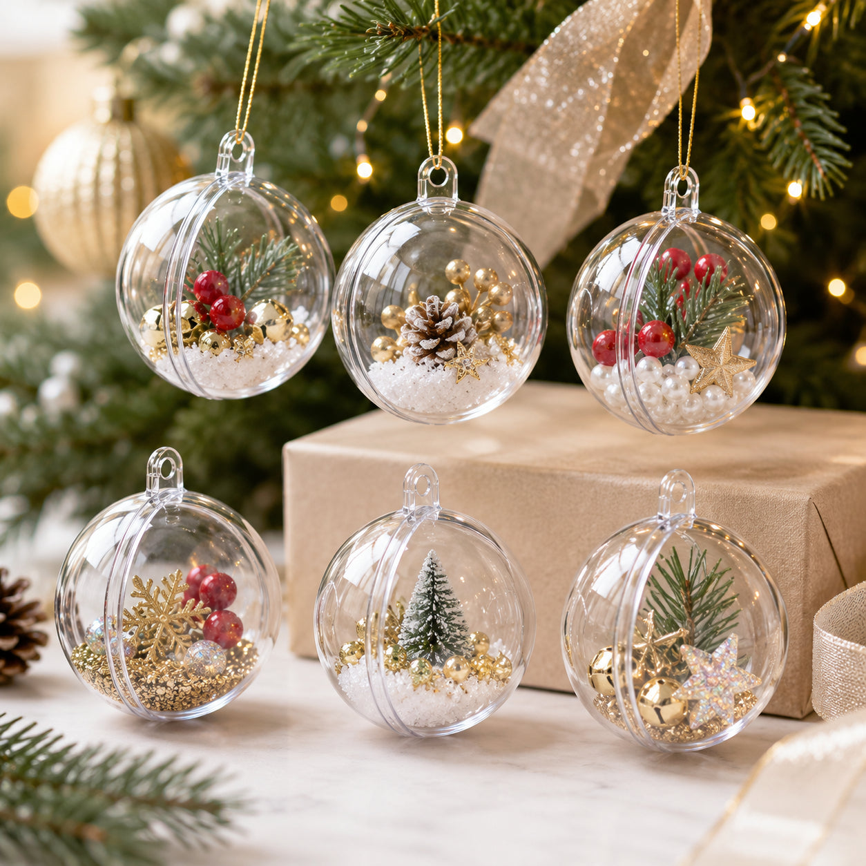 Set of 6 Mini Clear Plastic Ball Ornaments 1.92 Inches (49 mm)