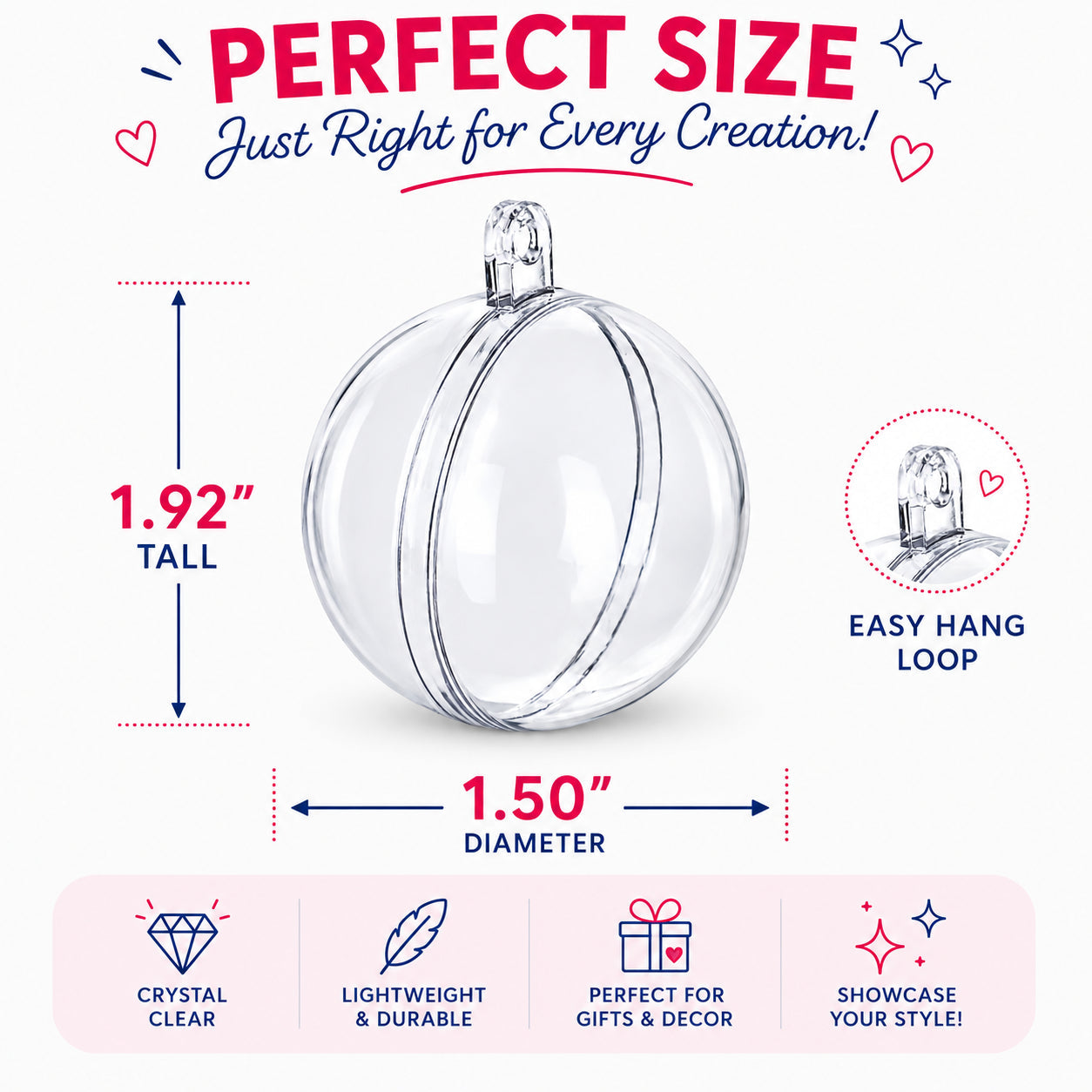 Set of 6 Mini Clear Plastic Ball Ornaments 1.92 Inches (49 mm)
