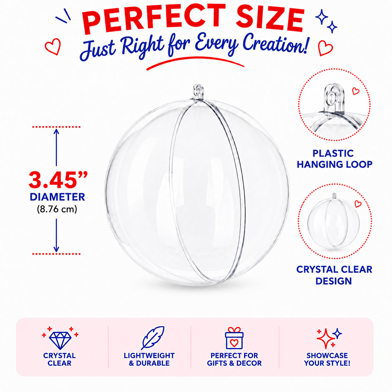 Set of 3 Clear Plastic Ball Ornaments 3.45 Inches (88 mm)