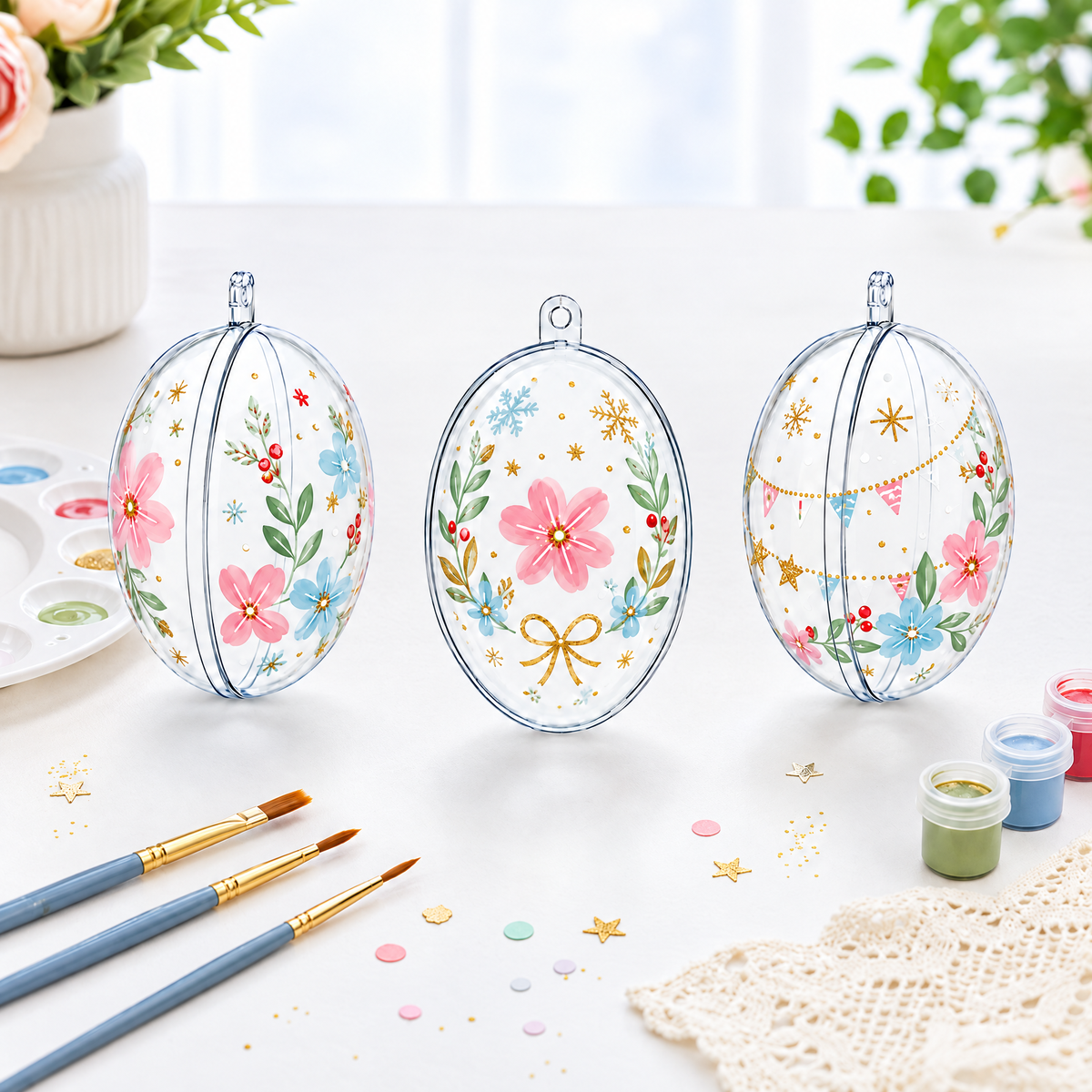 Set of 3 Clear Plastic Egg Ornaments 4.35 Inches (100 mm)
