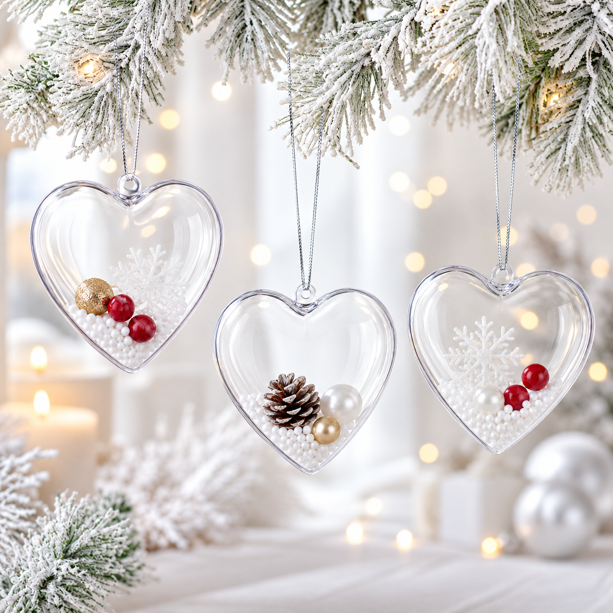 Set of 3 Clear Plastic Hearts Ornaments 2.45 Inches (62 mm)