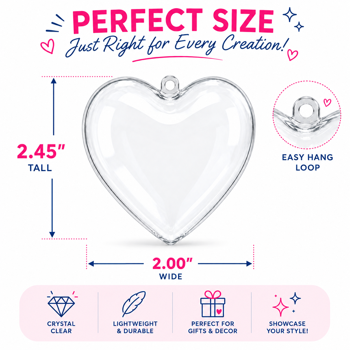 Set of 3 Clear Plastic Hearts Ornaments 2.45 Inches (62 mm)