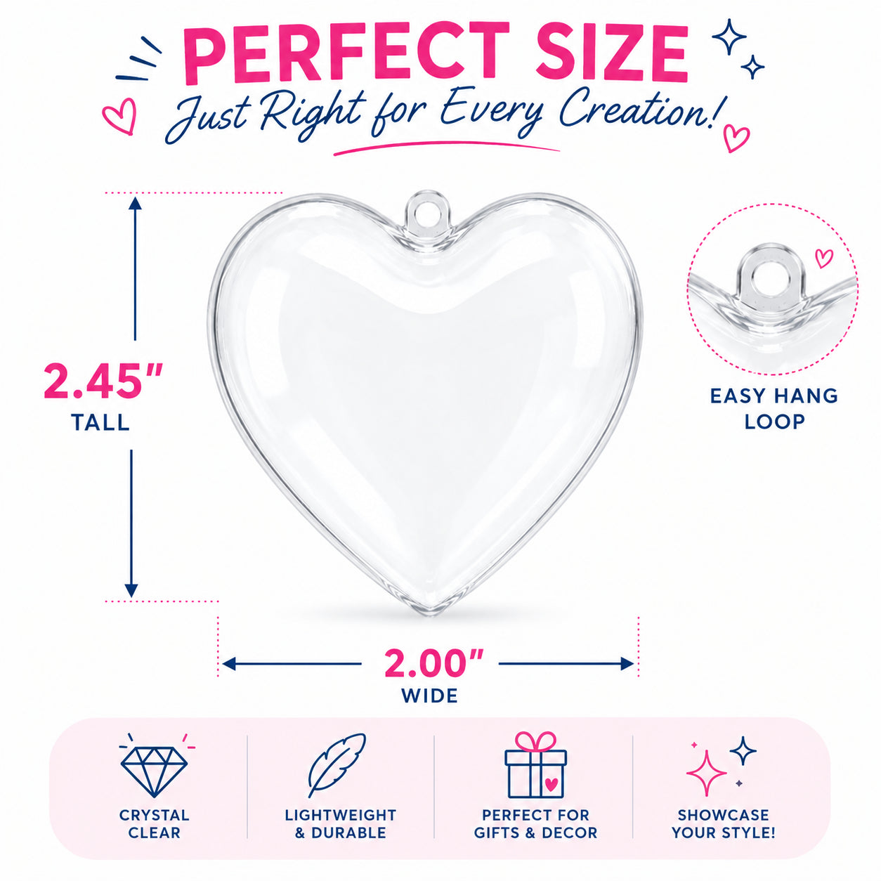 Set of 3 Clear Plastic Hearts Ornaments 2.45 Inches (62 mm)