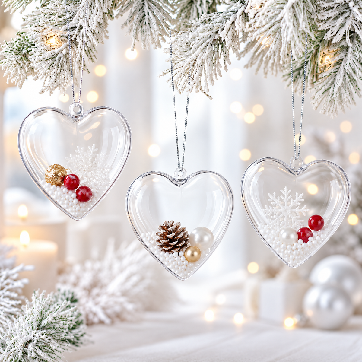 Set of 3 Clear Plastic Heart Ornaments 3.05 Inches