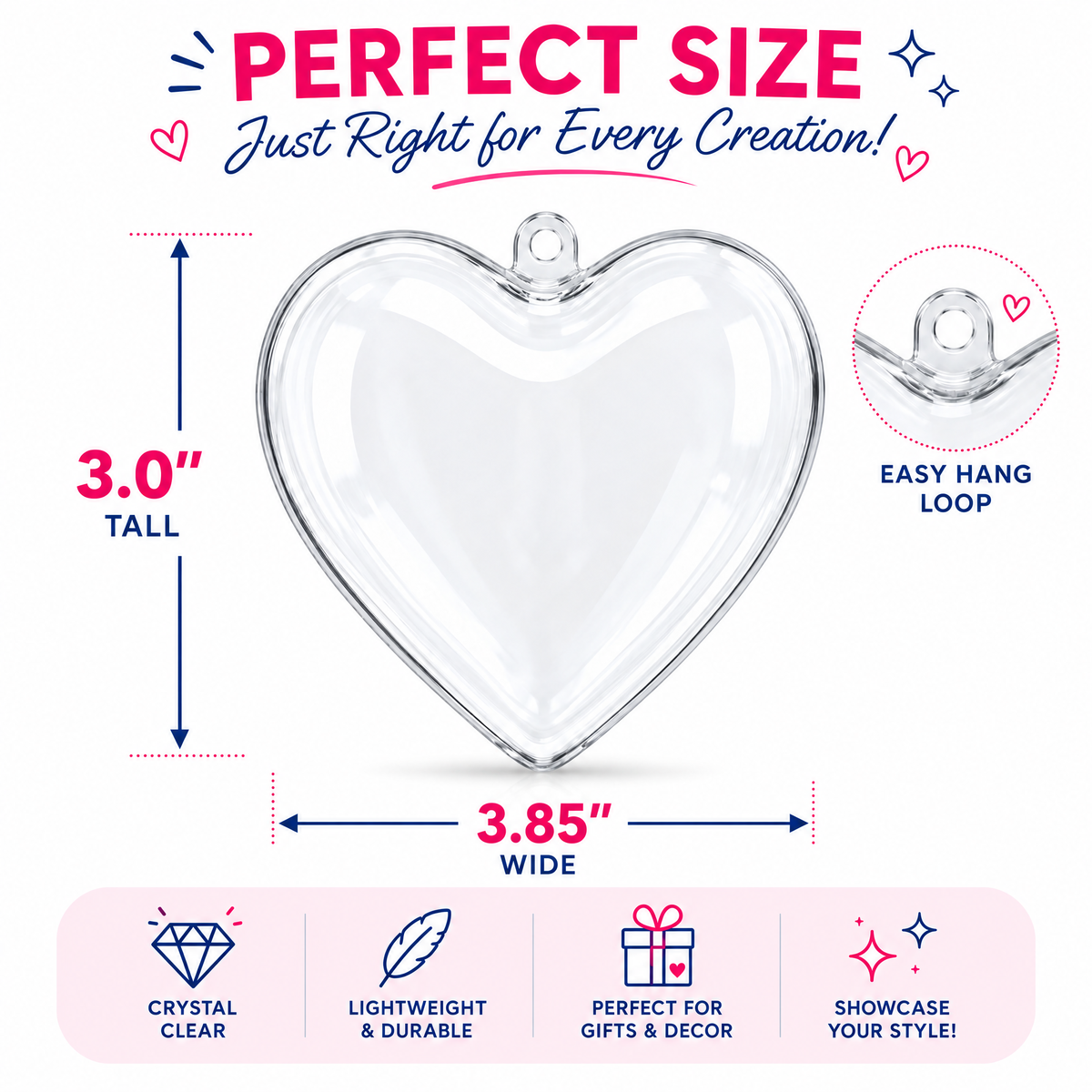 Set of 3 Clear Plastic Heart Ornaments 3.85 Inches (98 mm)