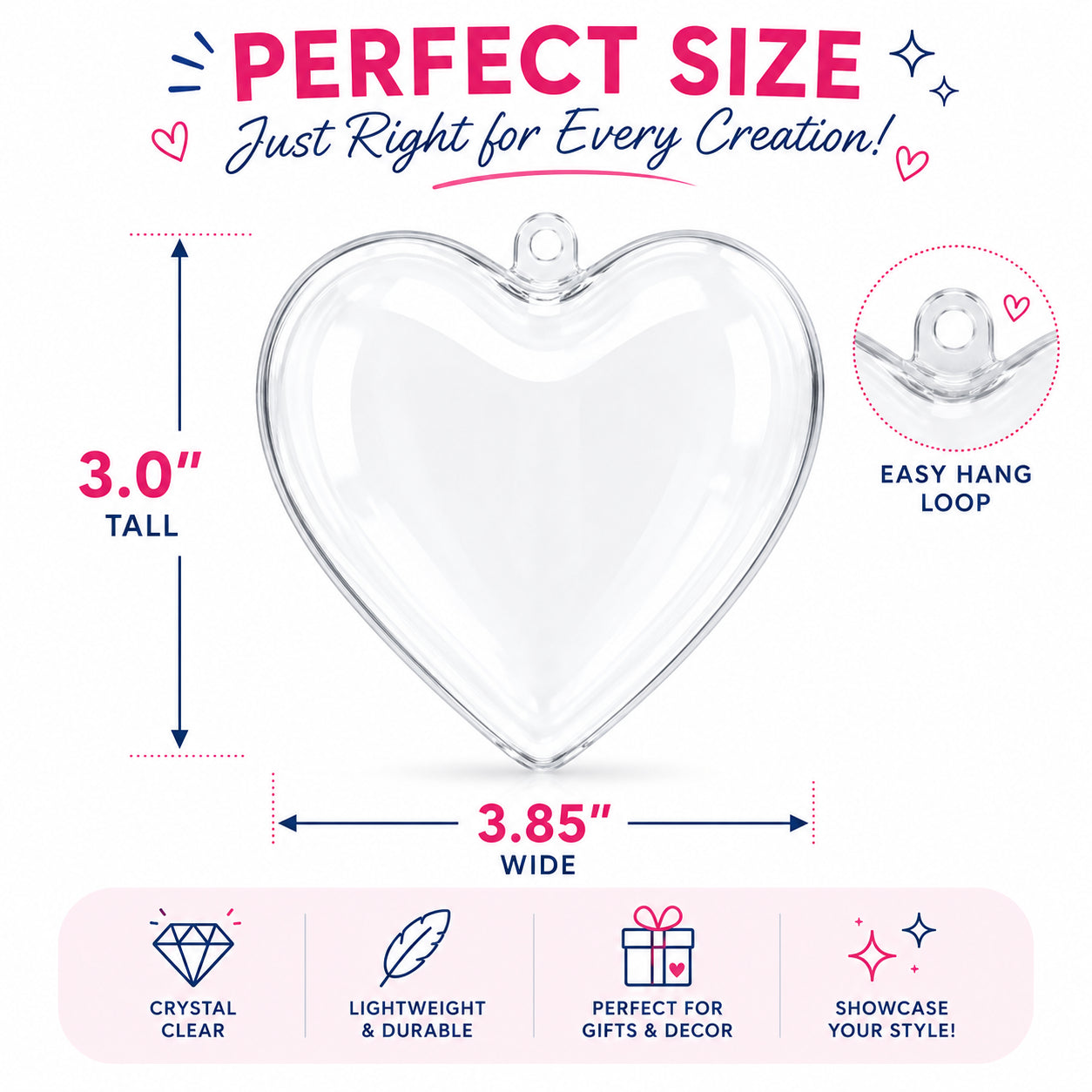 Set of 3 Clear Plastic Heart Ornaments 3.85 Inches (98 mm)