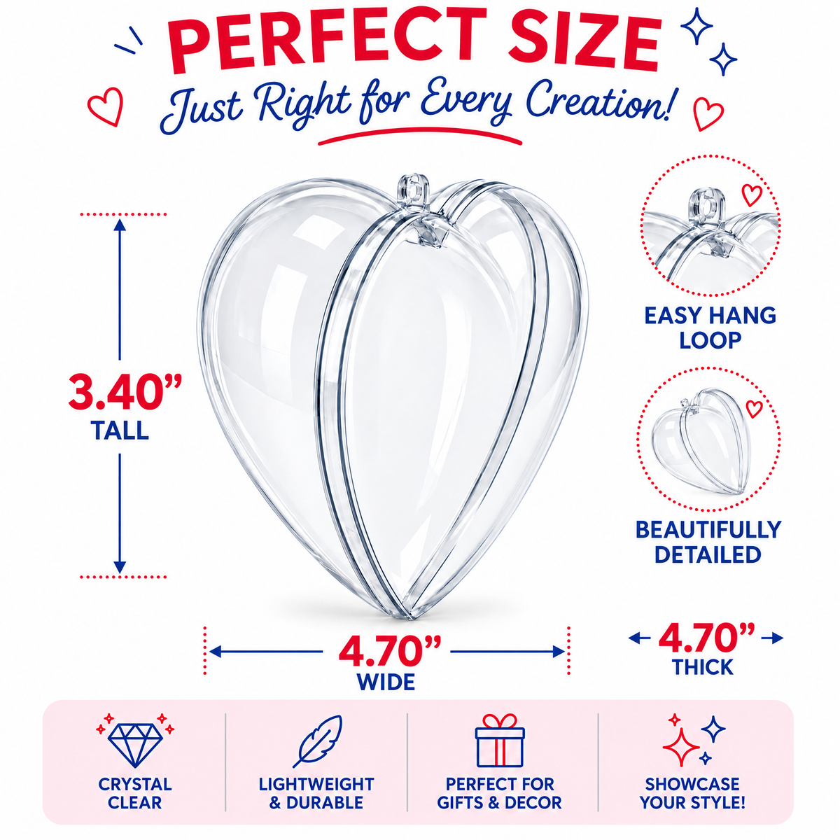 Set of 3 Clear Plastic Heart Ornament 4.6 Inches (117 mm)