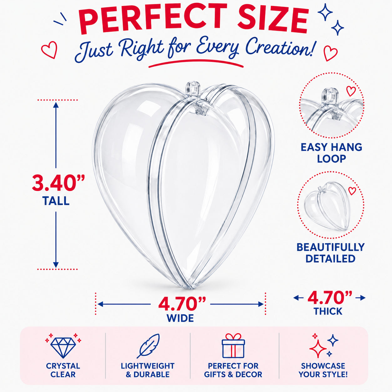Set of 3 Clear Plastic Heart Ornament 4.6 Inches (117 mm)
