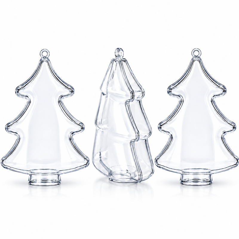 Set of 3 Clear Plastic Christmas Tree Shape Ornaments 4.35 Inches