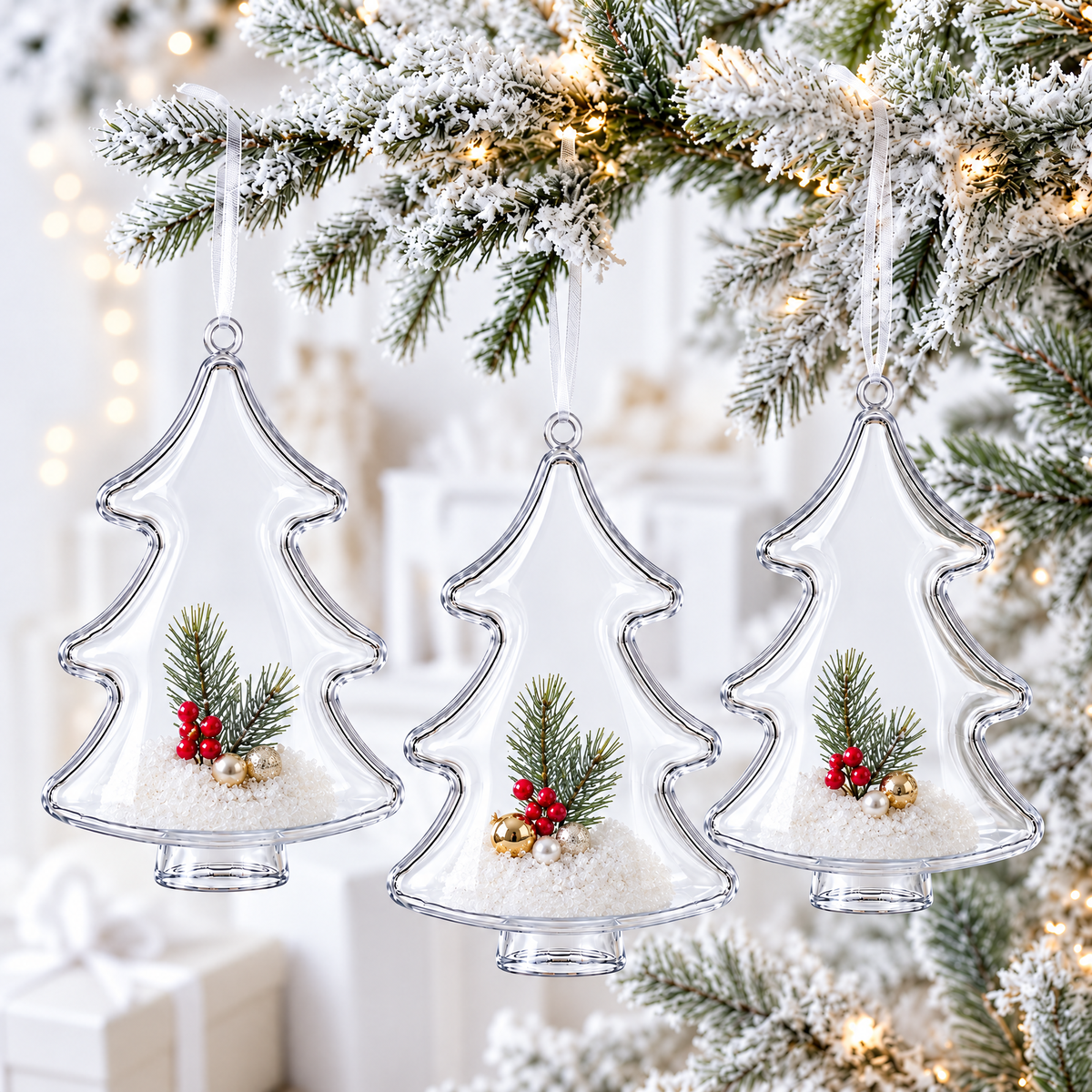 Set of 3 Clear Plastic Christmas Tree Shape Ornaments 4.35 Inches