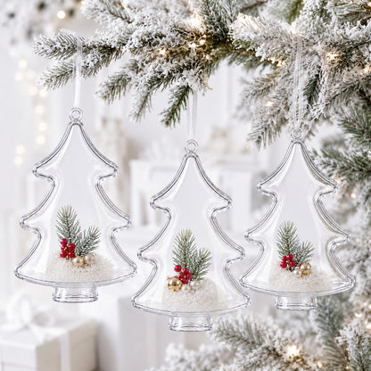 Set of 3 Clear Plastic Christmas Tree Shape Ornaments 4.35 Inches