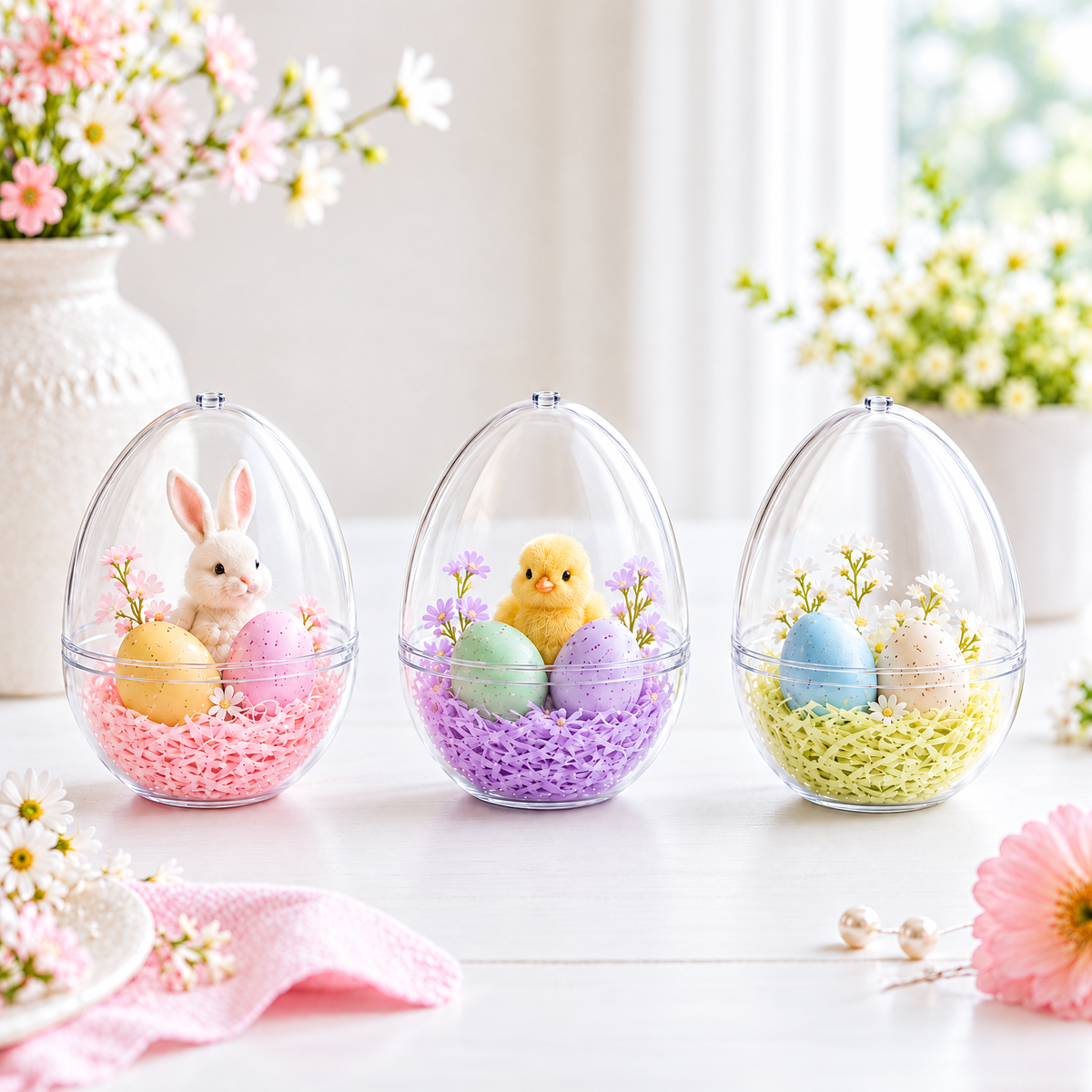 Set of 3 Clear Plastic Standing Egg Ornaments 3.58 Inches (91 mm)