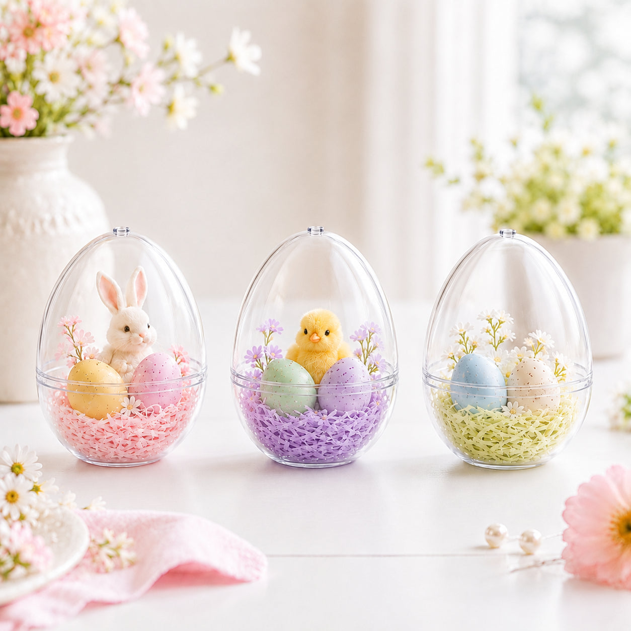 Set of 3 Clear Plastic Standing Egg Ornaments 3.58 Inches (91 mm)