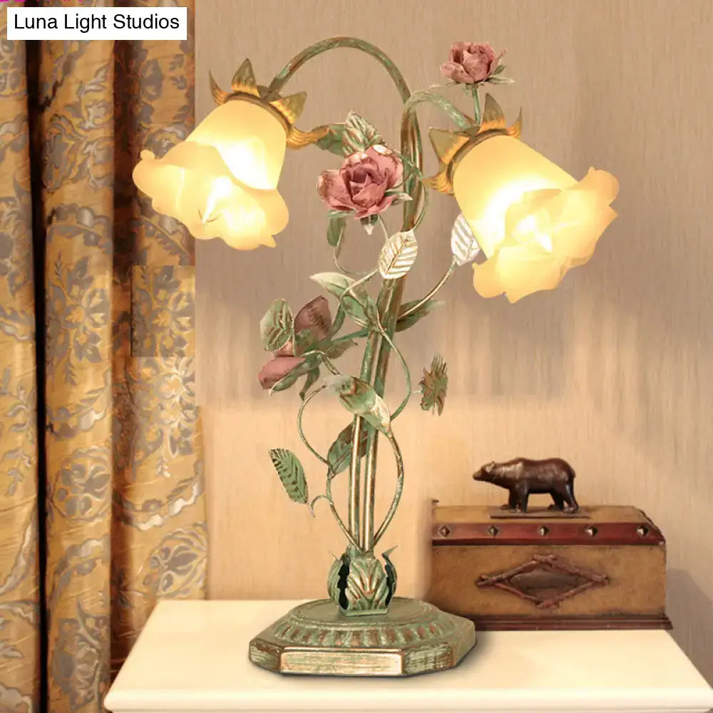 Shabby chic green rose table lamp – bedroom led flower light
