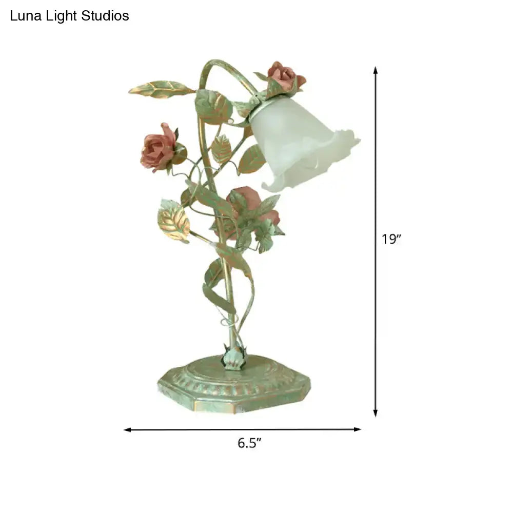 Shabby chic green rose table lamp – bedroom led flower light