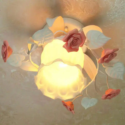 Shabby chic pink & green rose ruffle semi flush mount bedroom light