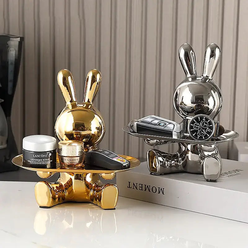 Shiny gold & silver colorful rabbit storage box living room tray