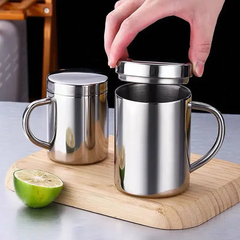 Shiny stainless steel double wall coffee mug kitchen travel cup